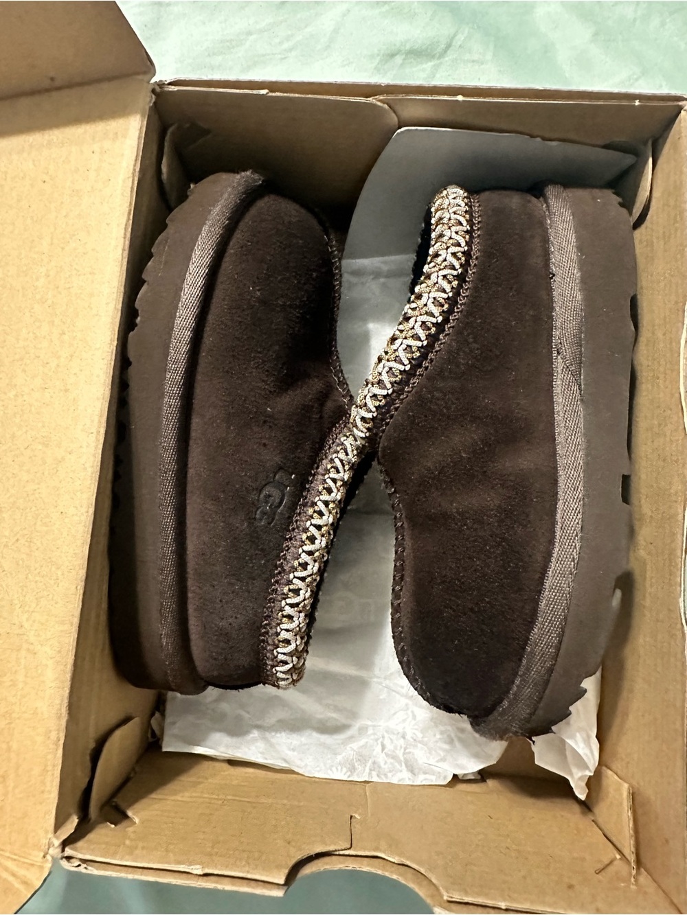 UGG toddler Tasmin Dark Brown Suede Slip-On Boots with Shearling Trim
